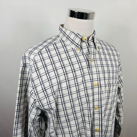 Eddie Bauer Large Cotton Twill Shirt White Blue Plaid Casual Button Down - Picture 1 of 6